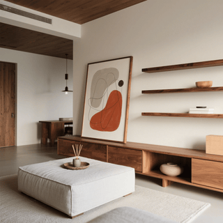 Simple Abstract Art print leaning on a wooden media unit with minimalist decor in a modern living room