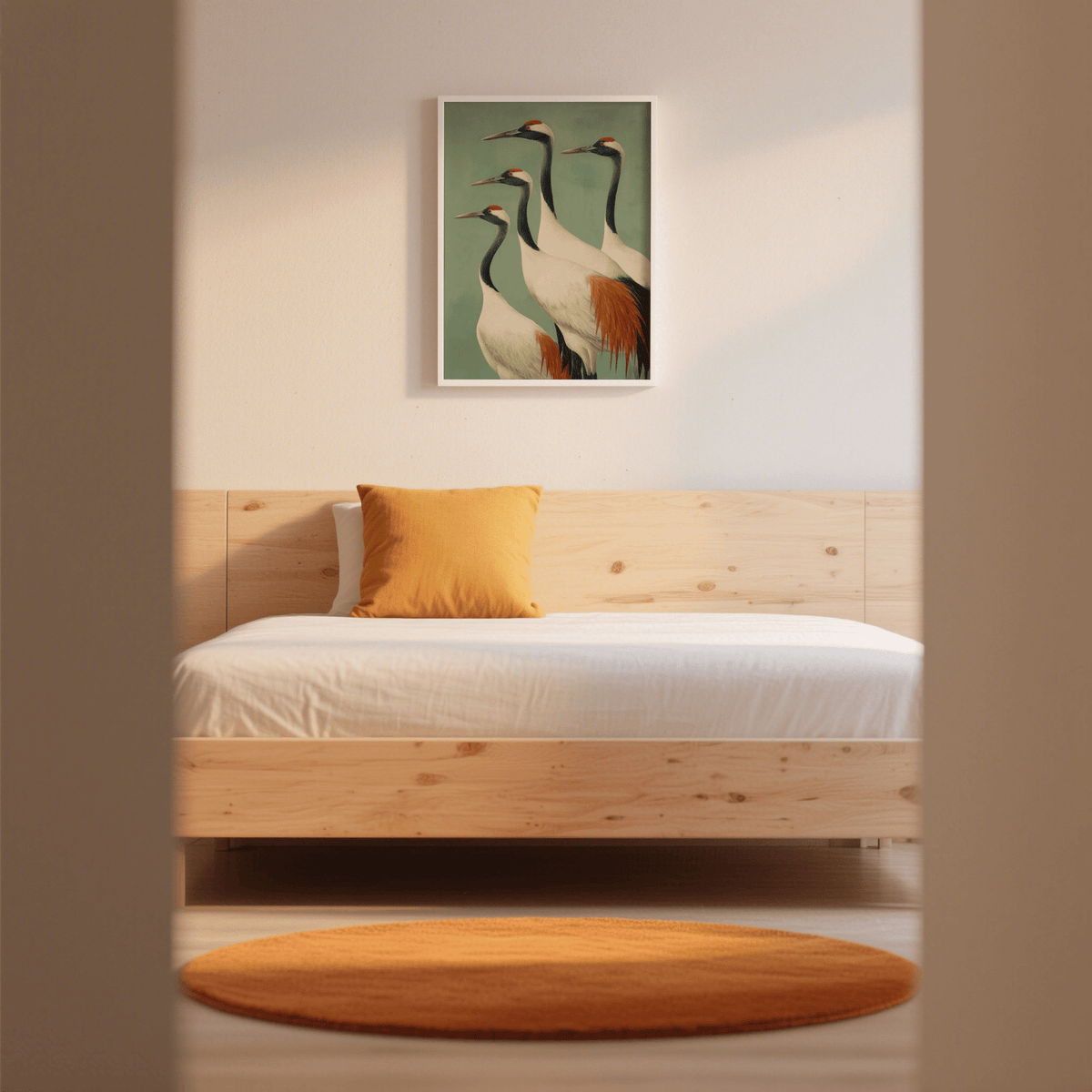 Birds wall art of red-crowned cranes in white and orange above a wooden bed in a bedroom