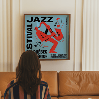 Music wall art of a red saxophone player in retro style above a tan sofa