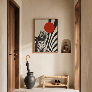 Modern Tiger Poster print on a hallway wall with a red sun and sitting tiger above a black umbrella in a pot
