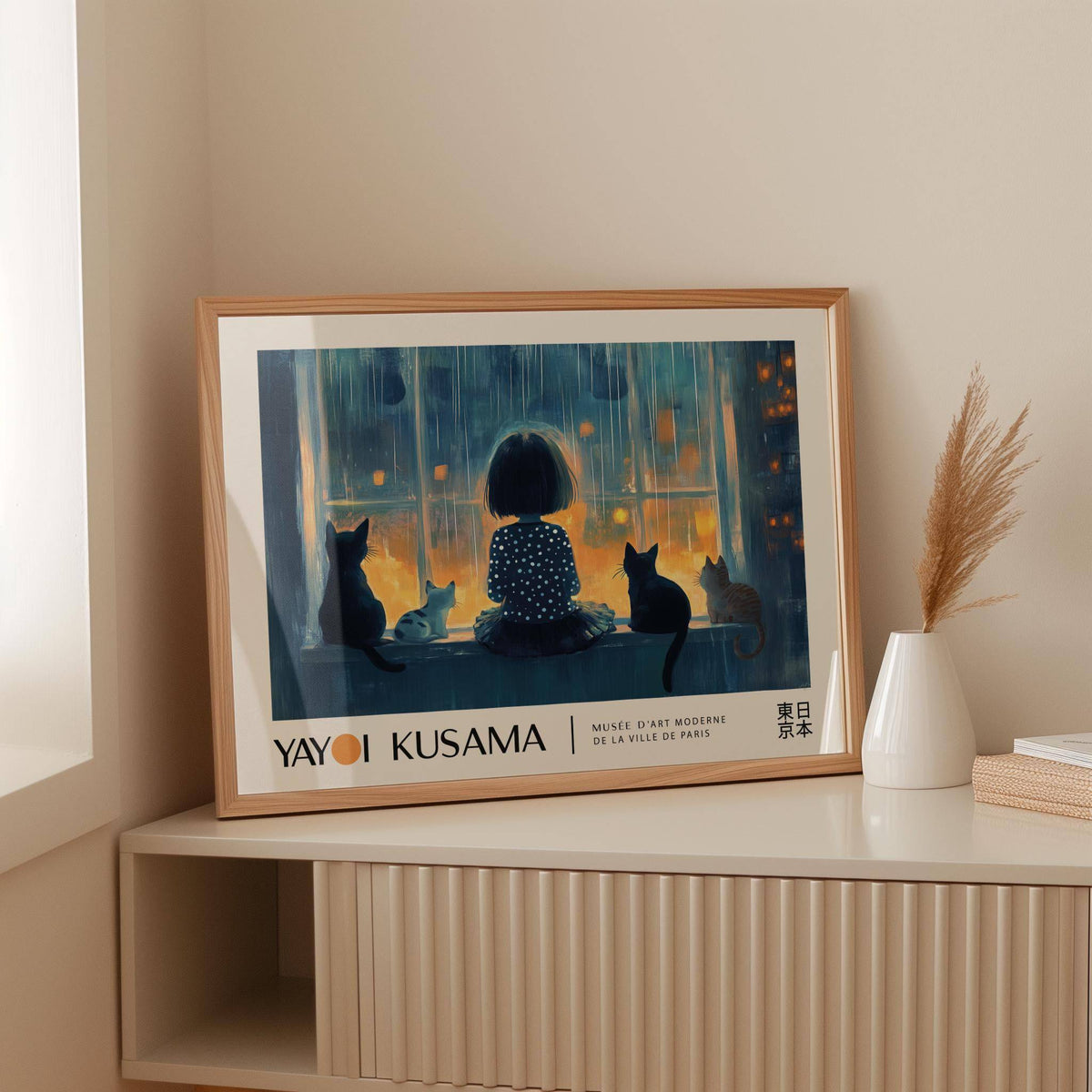 Cat wall decor showing a girl and cats by a window in blue and orange tones leaning on a cream shelf with a white vase