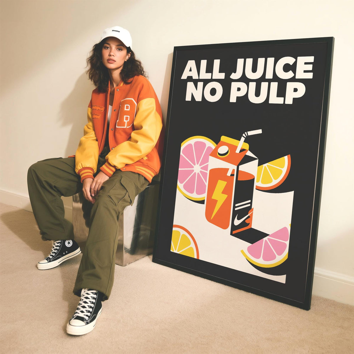 Pop Art Poster leaning on a floor showing an orange juice carton with sliced fruit and bold text beside a person