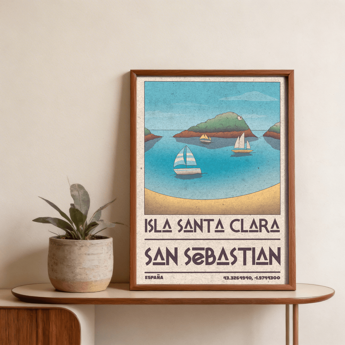 Framed Island Vacation Poster with vintage sailboats and turquoise sea beside a potted plant on a wooden shelf