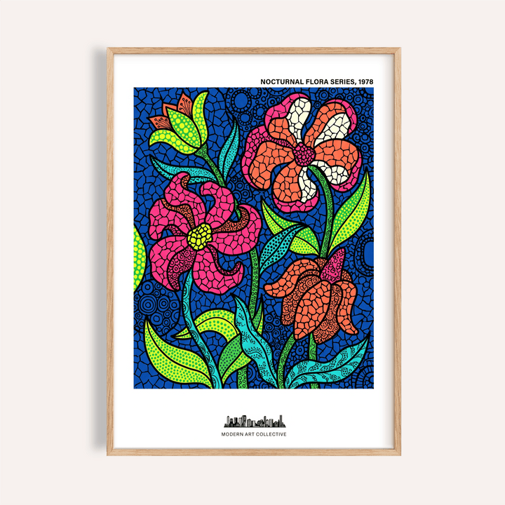 Framed Nocturnal Floral Art Print of stylized colourful flowers in blue, orange and pink