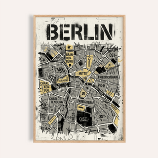 Framed Berlin City Map wall art showing an abstract map with grey and beige blocks and street-art style