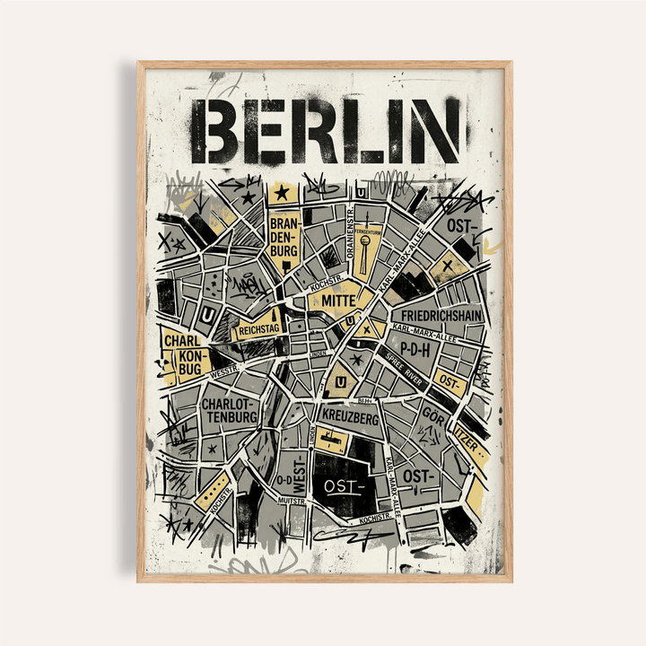 Framed Berlin City Map wall art showing an abstract map with grey and beige blocks and street-art style