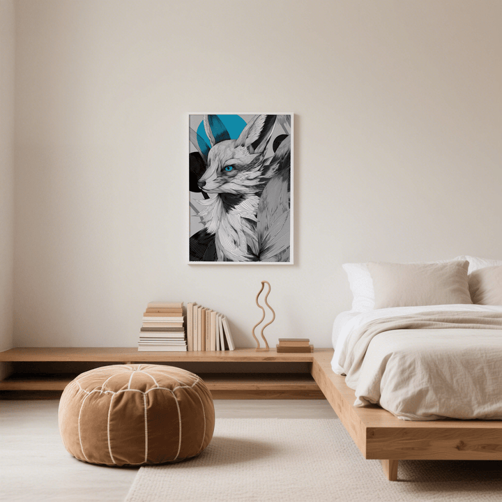 Japanese Fox Print on a pale wall above a low shelf with books in a neutral bedroom