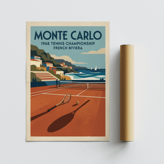 Tennis Championship art print with retro tennis racket and ball illustration next to packaging tube