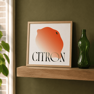 Abstract lemon art print leaning on a wooden shelf with an olive green bottle beside it