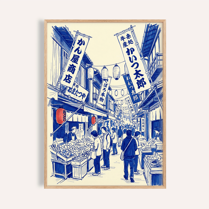 Framed Japanese Market Art Print in blue line-art with market stalls and hanging lanterns