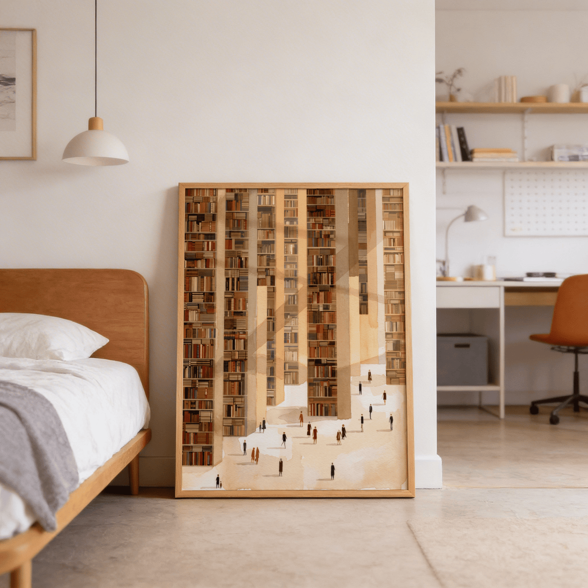 Library Art Print leaning on floor showing endless stacks illustration in beige and brown bedroom scene