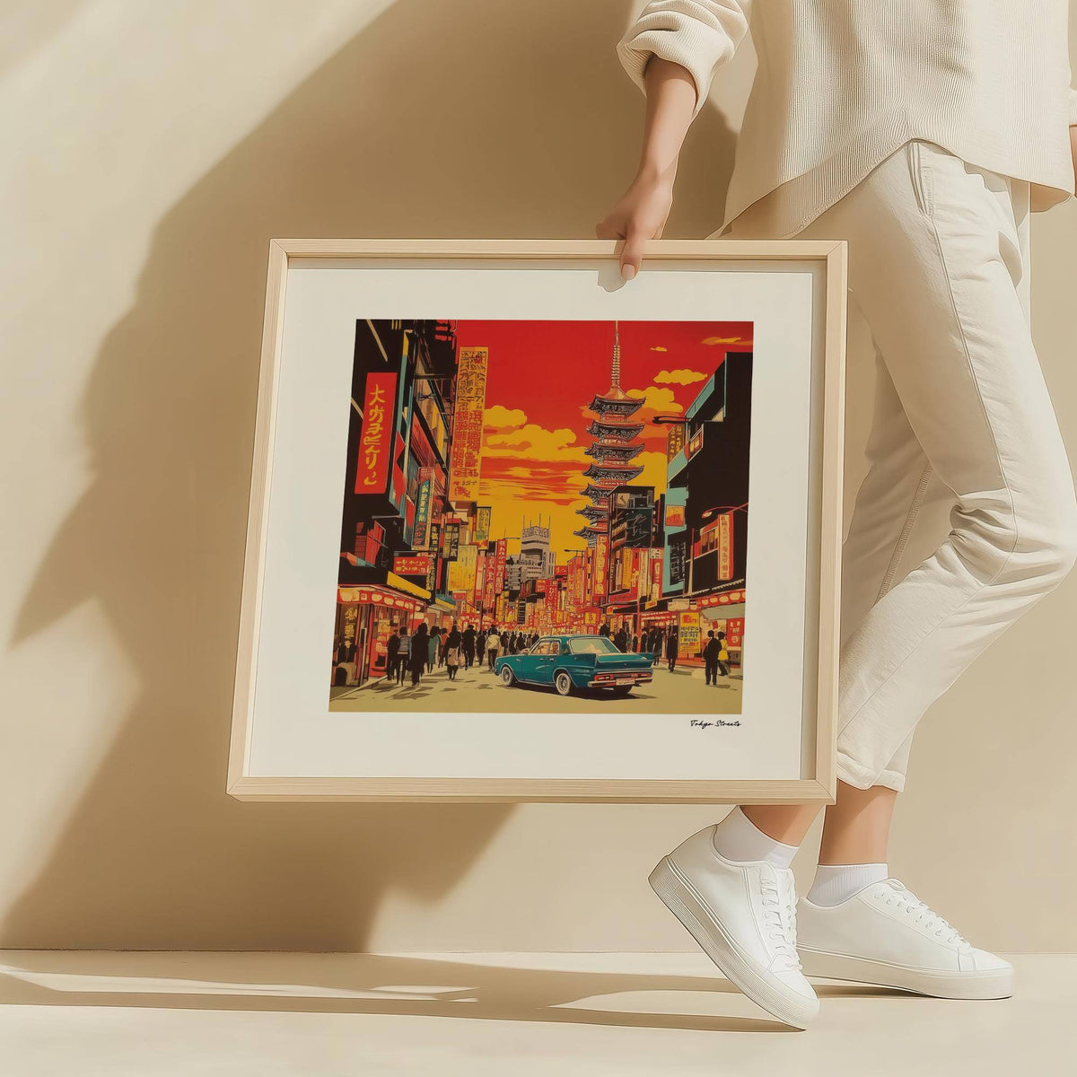 Framed Japonise Art print of a tokyo street scene in retro style with orange and red hues held by a person dressed in white