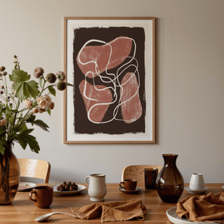 Abstract Earth Tone Print in a dining room with terracotta and brown tableware on a wooden table
