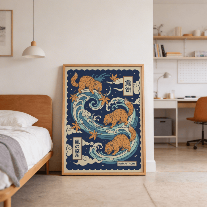 Print leaning on the floor with Kamaitachi Art showing three orange creatures and blue waves beside a bed