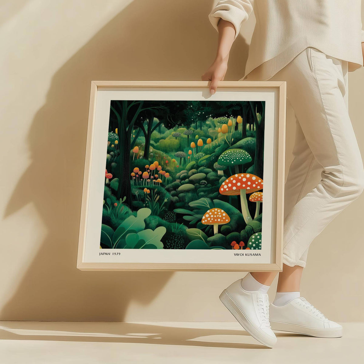 Enchanted Forest wall art held in hands showing colourful illustrated mushrooms with green foliage
