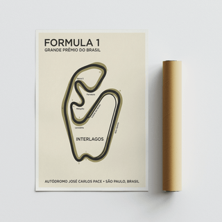 Brazilian Race Circuit Poster of Interlagos map with black typography and a brown packaging tube