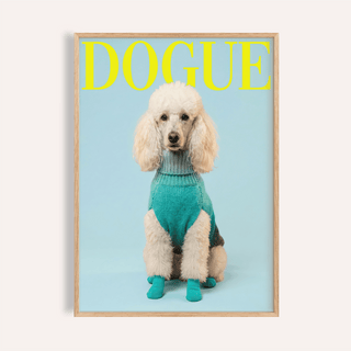 Framed Pet Wall Decor of white poodle in teal sweater and socks on pale blue background