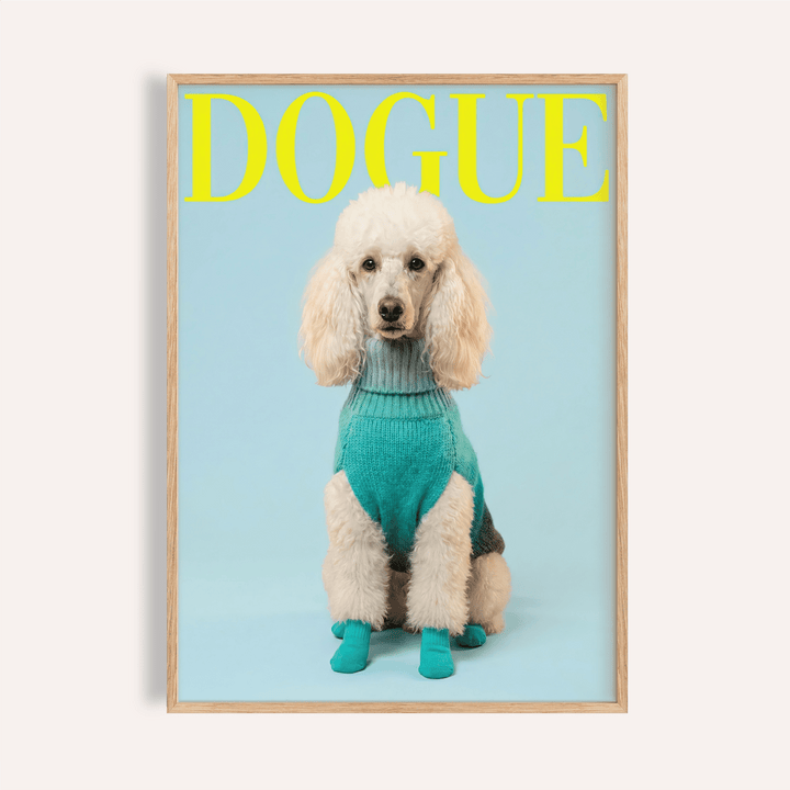 Framed Pet Wall Decor of white poodle in teal sweater and socks on pale blue background