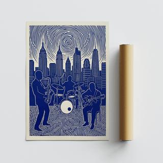 Jazz band wall art print in blue and cream laid flat next to a packaging tube