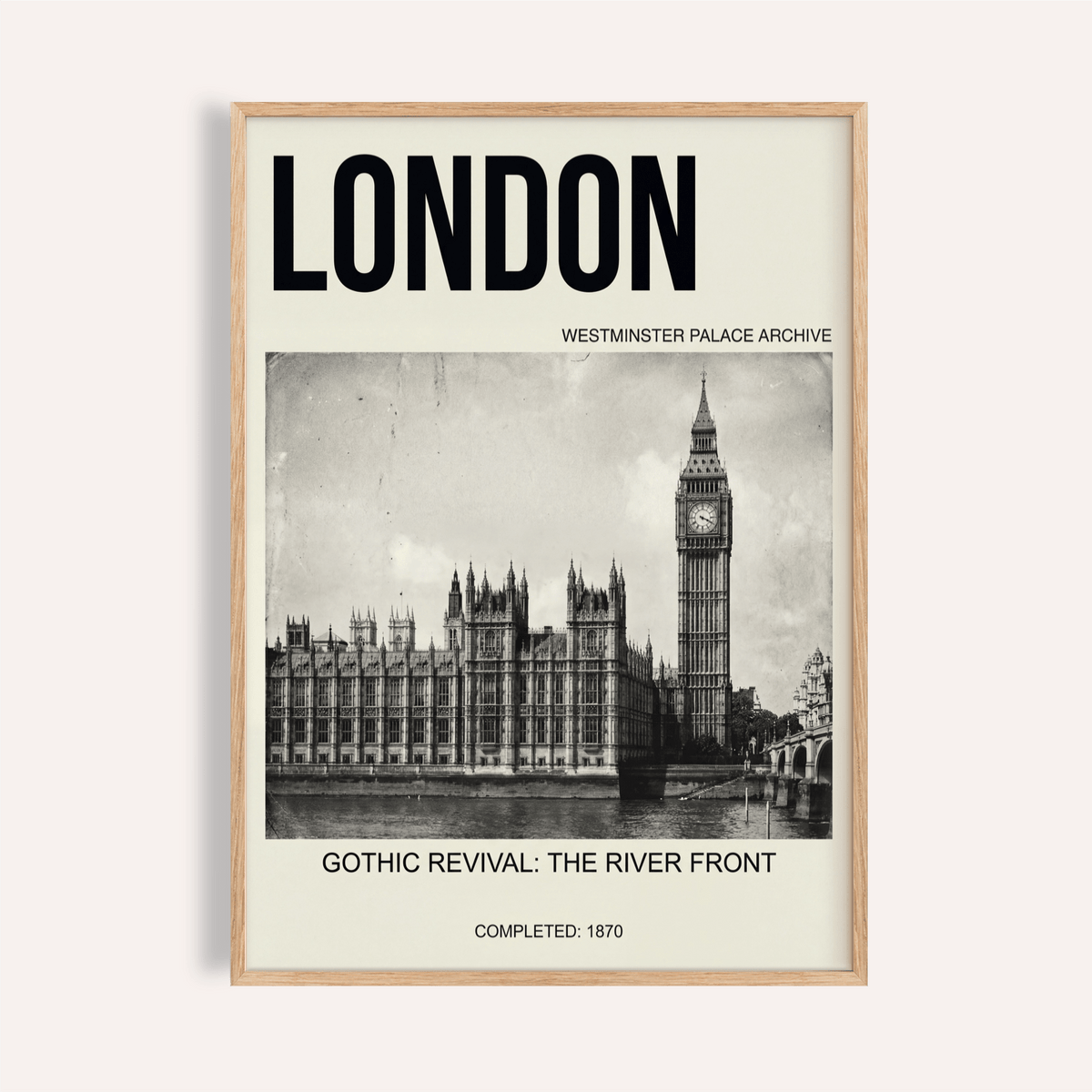 Framed Historic London Poster of Big Ben and Houses of Parliament in black and white close-up