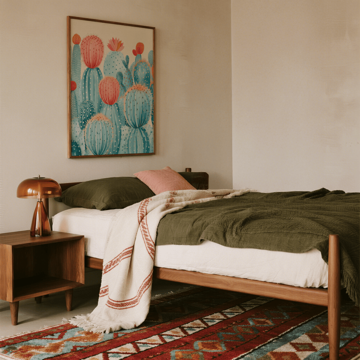Print on a wall in a bedroom of a colourful cactus with blue and pink watercolour illustration above a wooden bedside table