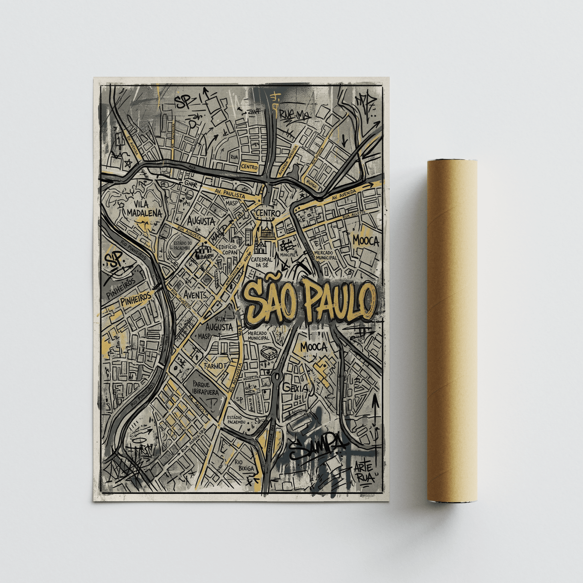 Sao Paulo Map Art detail close-up of a street-art style city map with black and yellow highlights next to a packaging tube