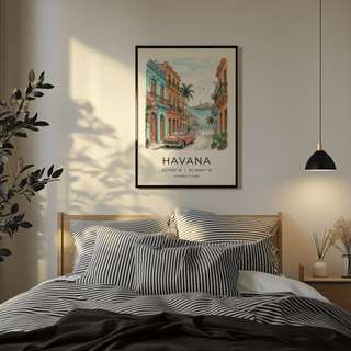 Havana wall art above a bed with striped bedding and a black pendant light