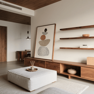 Print leaning on a wooden sideboard with modern pebble stack design in beige and black tones in a living room