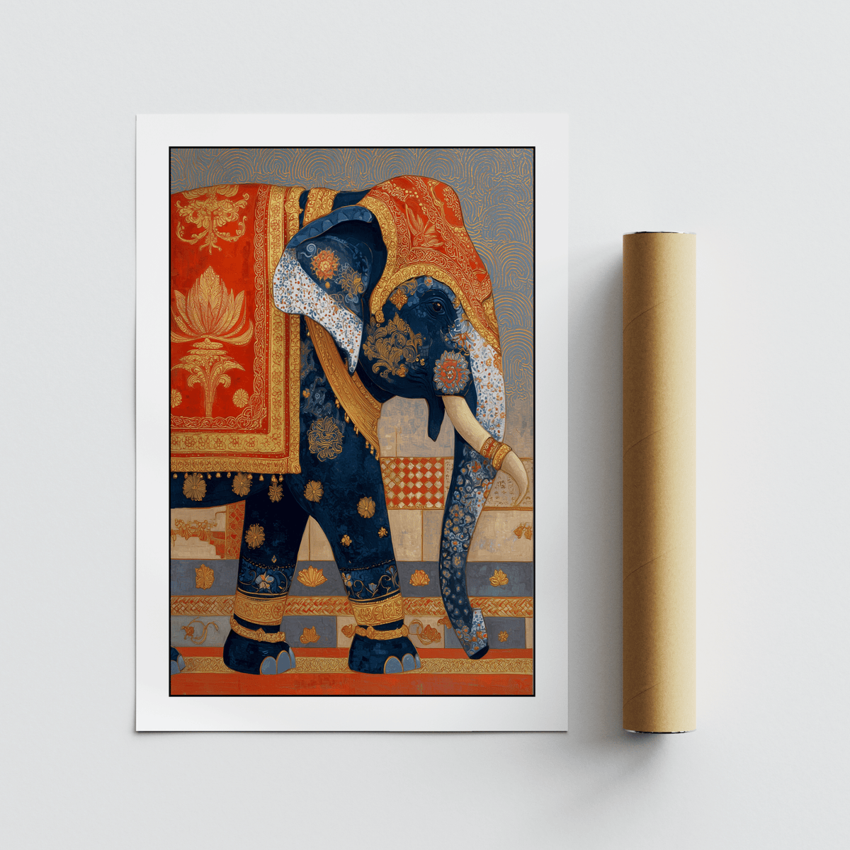 Indian Elephant Print flat artwork of a decorated elephant with orange and blue tones alongside a packaging tube