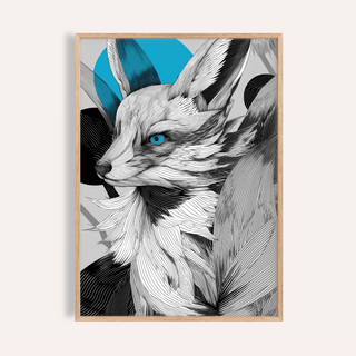 Framed close-up of Japanese Fox Print featuring a detailed fox head with blue accents