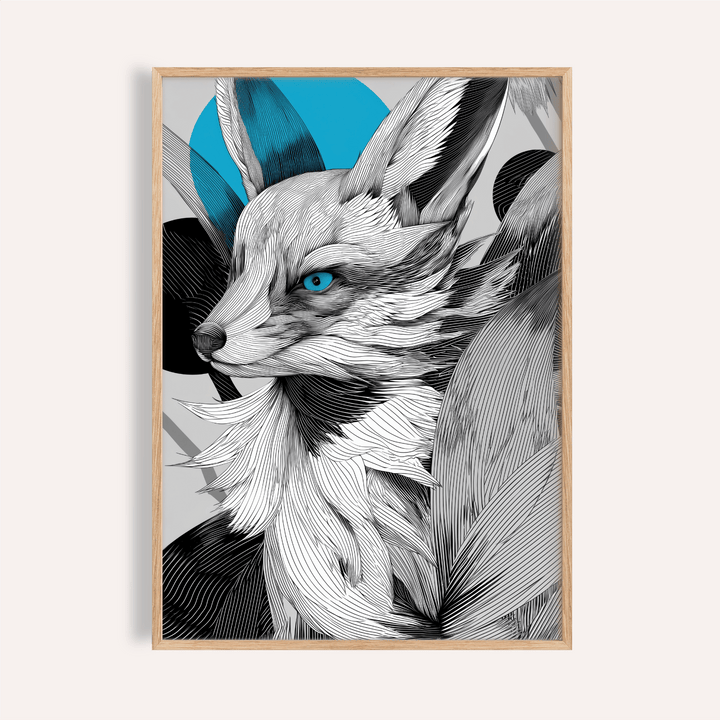 Framed close-up of Japanese Fox Print featuring a detailed fox head with blue accents