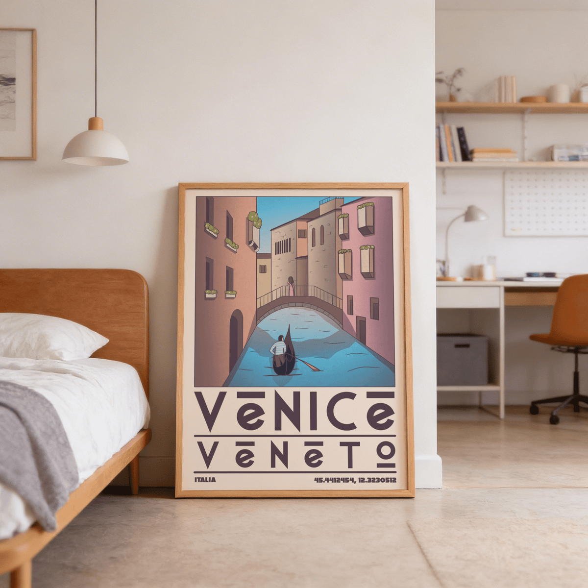 Print leaning with Venice Travel Poster of a gondola on canal in vintage muted colours in a bedroom
