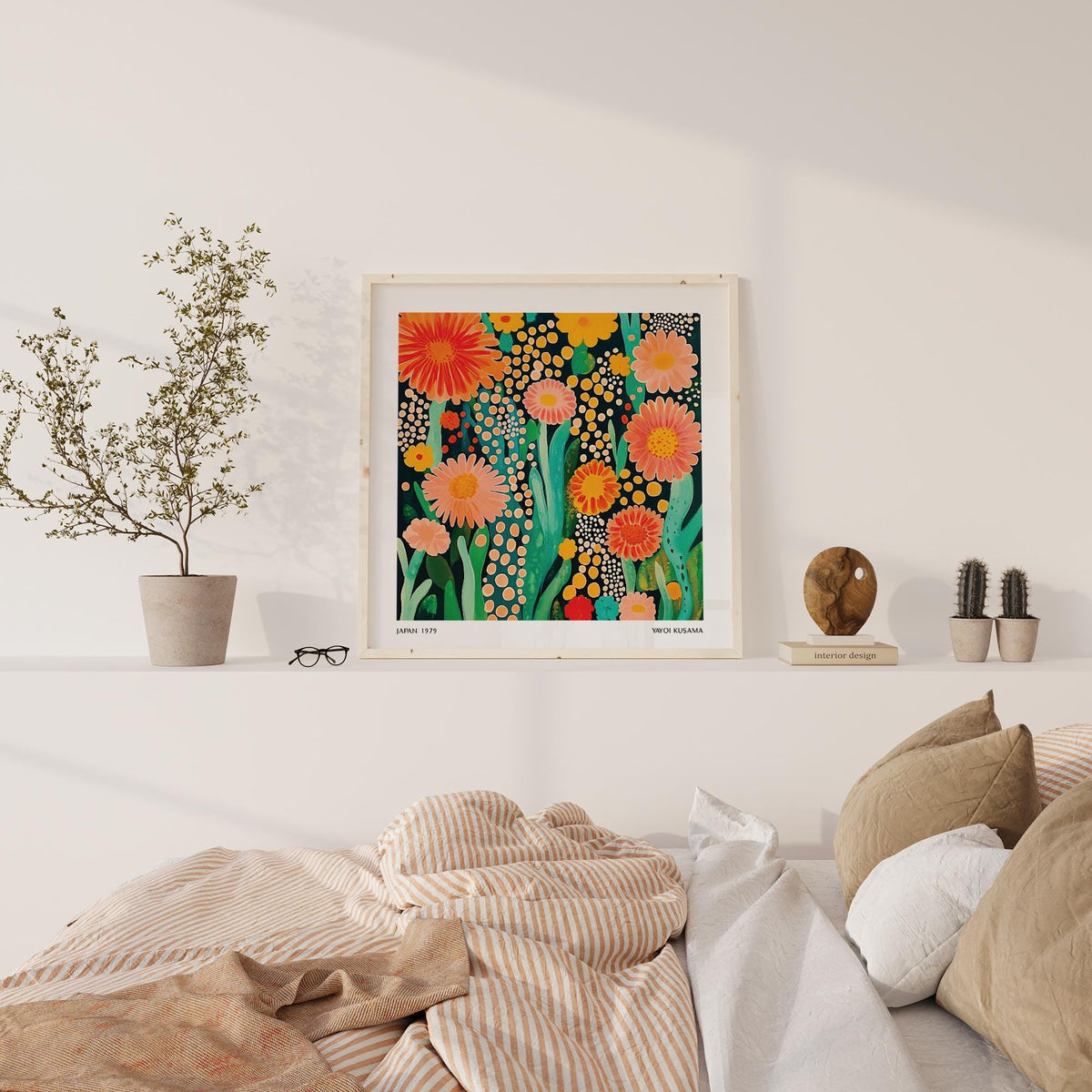 Flowers print with orange and pink flowers on a shelf above a bed with striped bedding