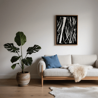 Art Black White Abstract print with monochrome lines hanging above a cream sofa with a blue cushion and plant beside it