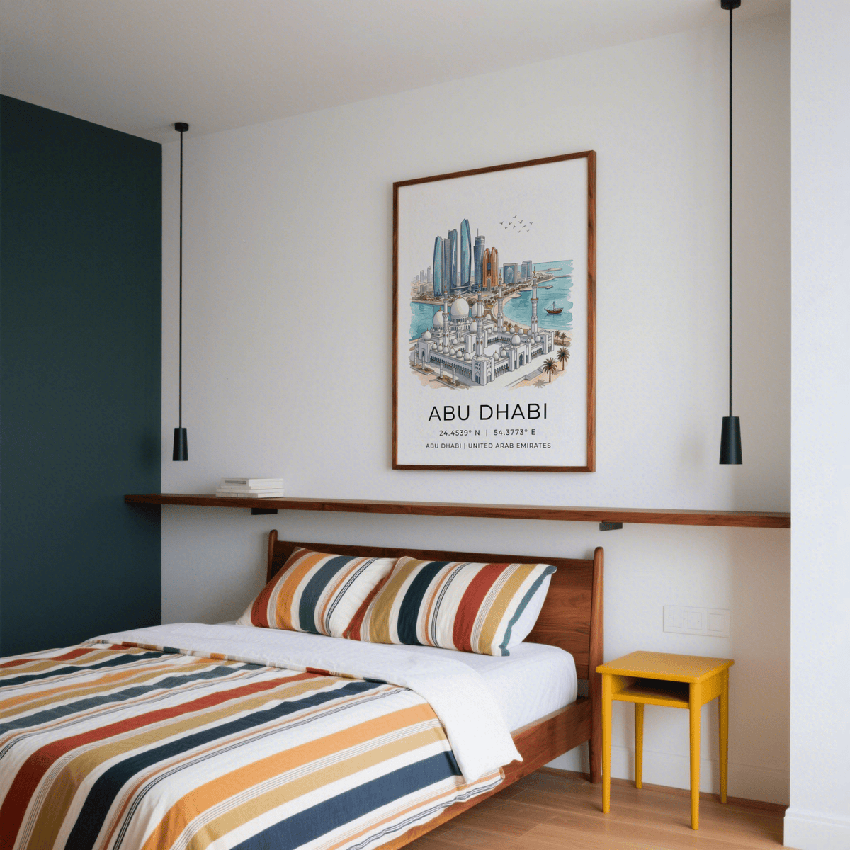 Bedroom wall print of Abu Dhabi Art Print with blue and brown skyline and mosque above a bed with striped bedding and yellow bedside table