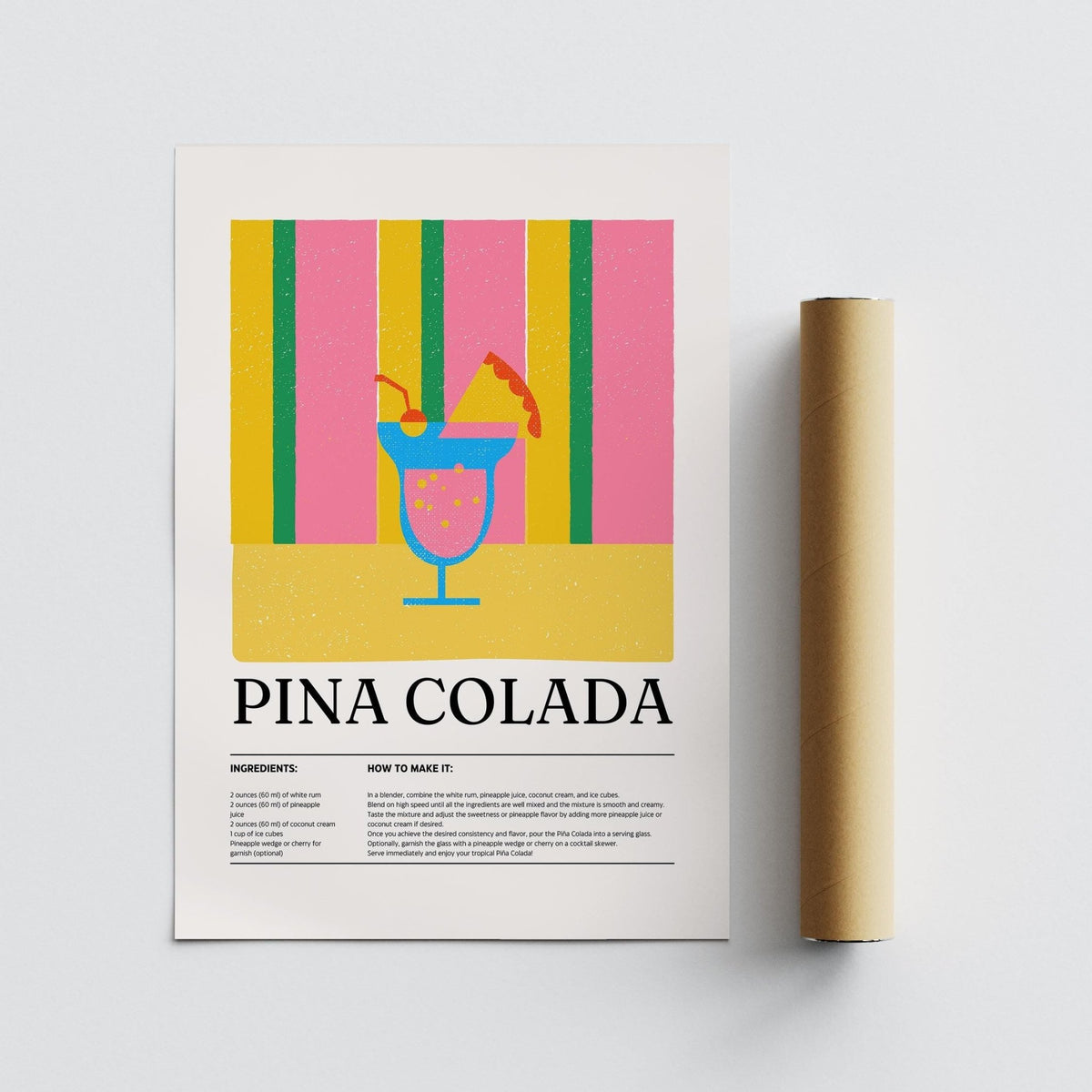Wall Art for Kitchen showing minimalist piña colada cocktail print with colourful stripes beside packaging tube