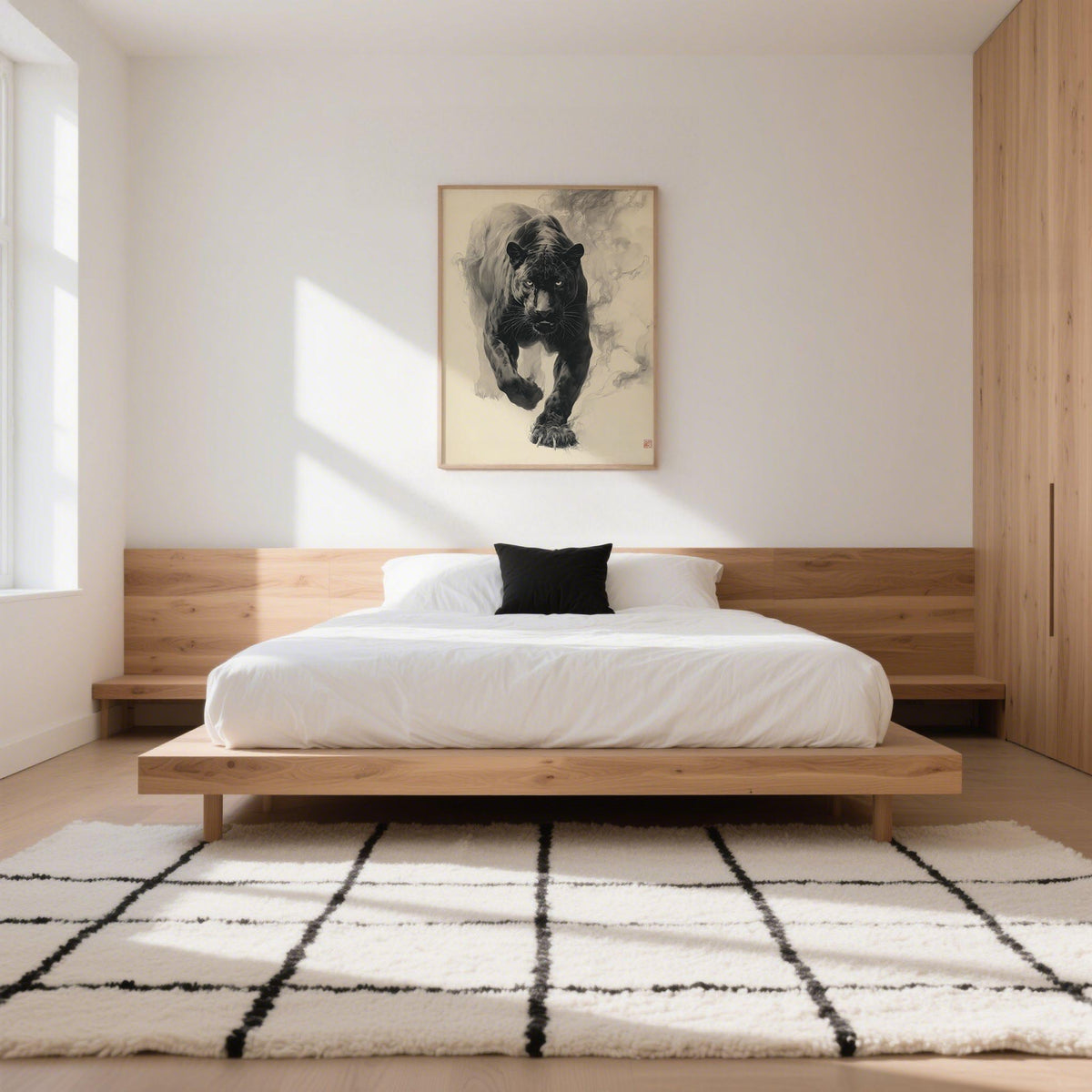 Traditional Japanese Ink Art black panther print in muted black and grey above a wooden bed in a bedroom