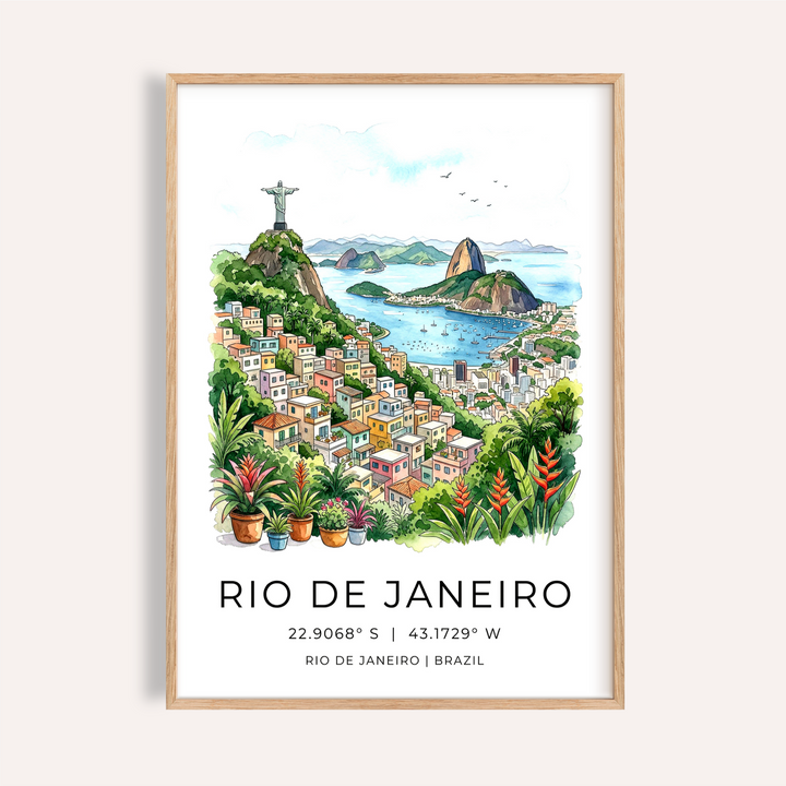 Framed Rio De Janeiro Art Print with watercolour tropical landscape and colourful plants