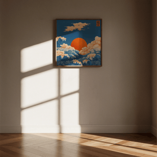 Square prints for wall depicting orange sun and ocean waves in Japanese ink style on a plain wall with window shadow