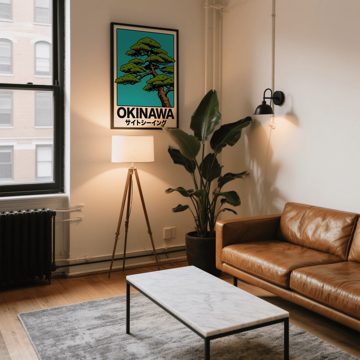 Japanese Tree Print framed print in a living room above a tripod floor lamp with green plant nearby