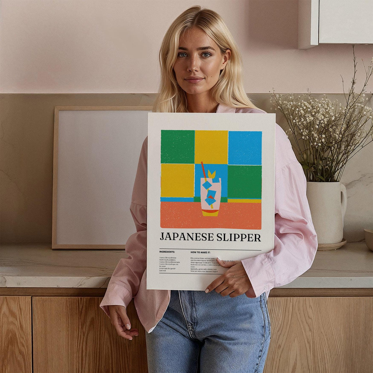 Trendy wall art held by a woman showing a minimalist japanese slipper cocktail illustration