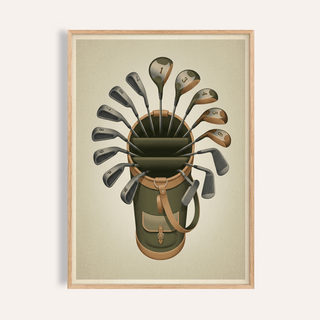 Framed golf clubs wall art featuring a minimalist illustration of a golf bag with clubs in neutral tones