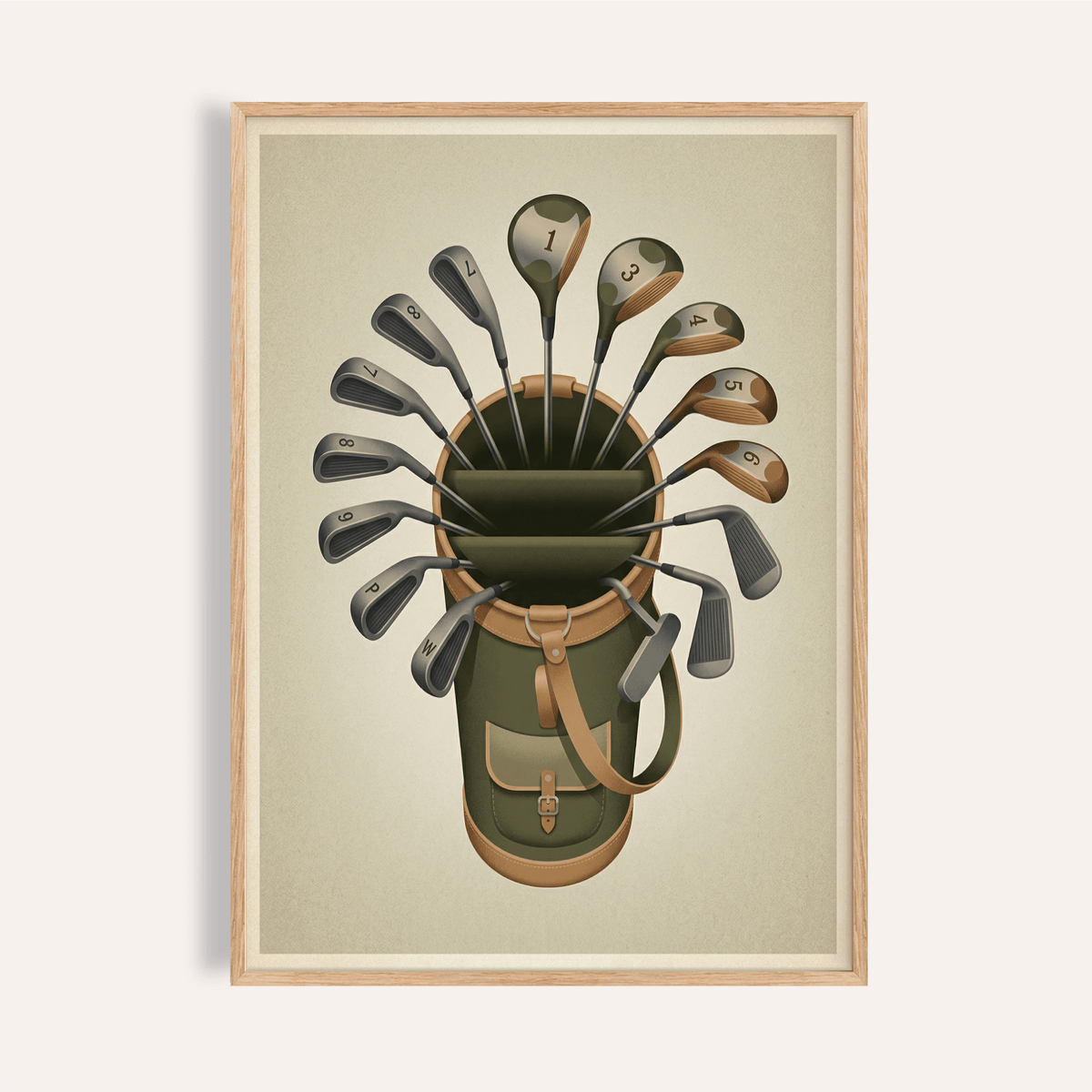 Framed golf clubs wall art featuring a minimalist illustration of a golf bag with clubs in neutral tones