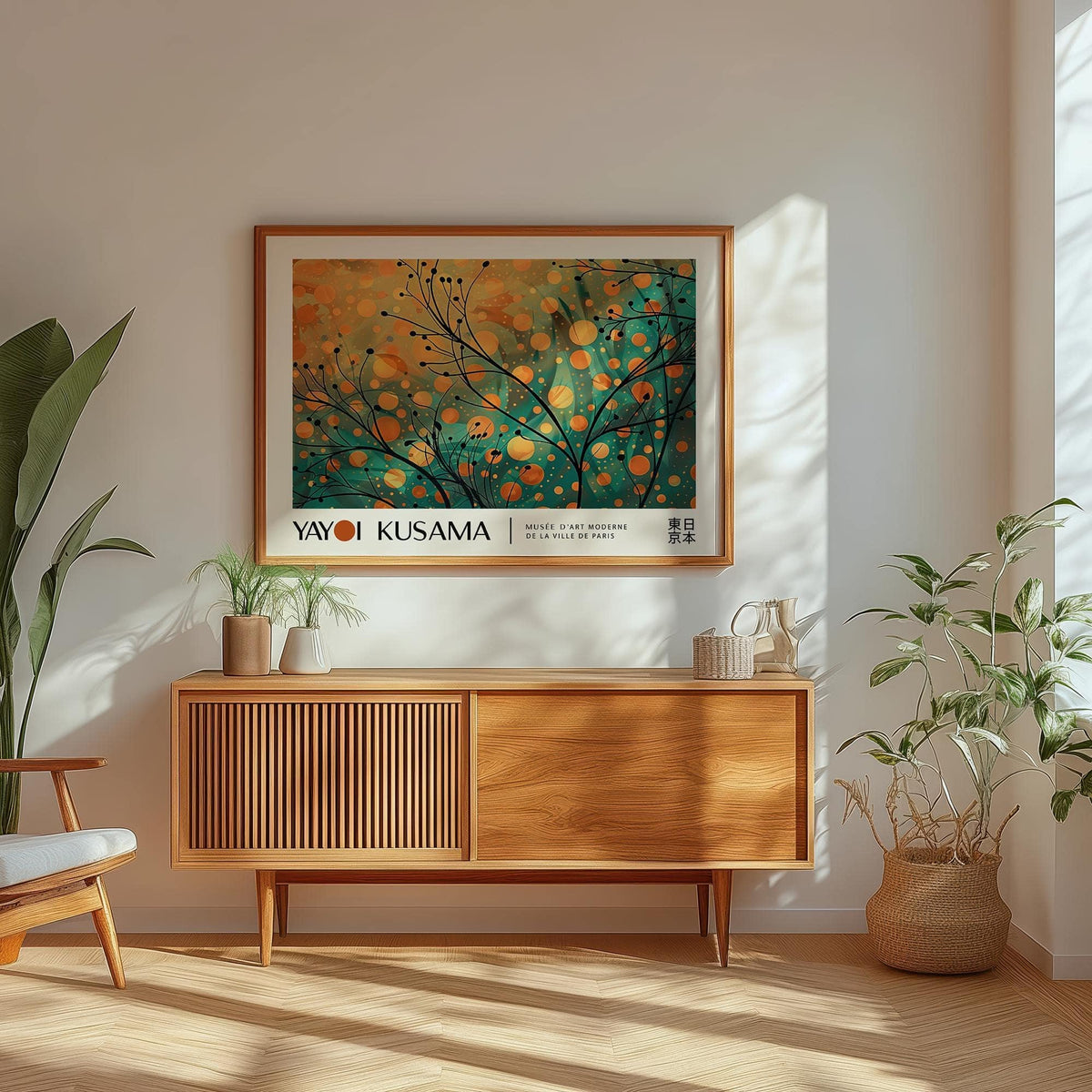 Autumn wall art of abstract autumn branches in orange and teal above a wooden sideboard
