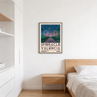 Poster Valencia artwork of a Spanish pathway with arches in green and blue hues above a bedside table