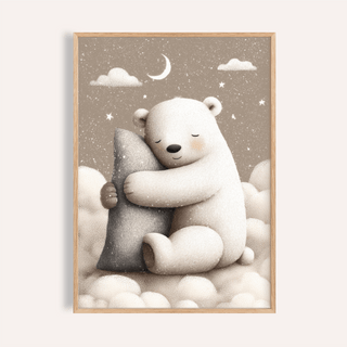 Framed print close-up of polar bear nursery print with grey pillow and stars background