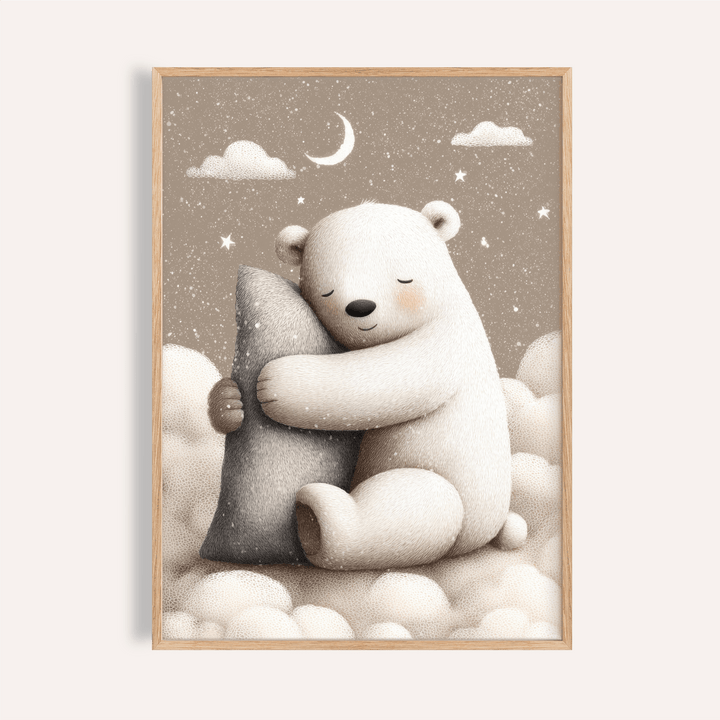 Framed print close-up of polar bear nursery print with grey pillow and stars background