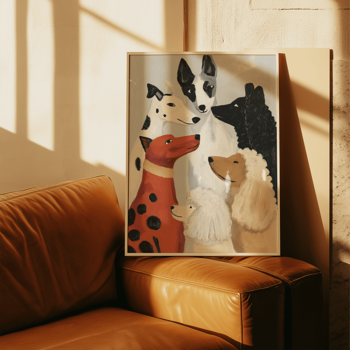 Colorful Dog Poster print leaning on a tan leather sofa with natural sunlight and shadows