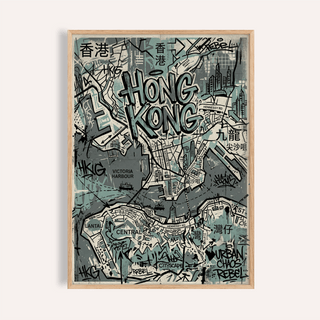 Framed print close-up of Hong Kong Map Wall Art with graffiti style in blue and grey tones