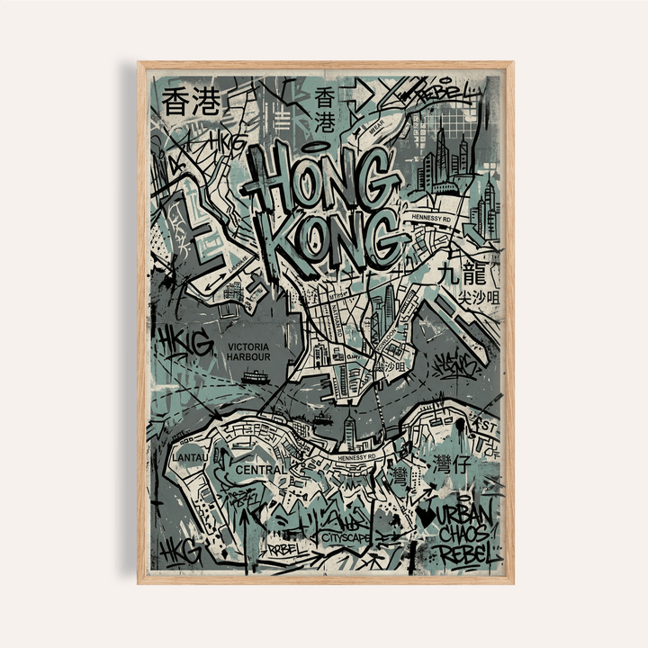 Framed print close-up of Hong Kong Map Wall Art with graffiti style in blue and grey tones